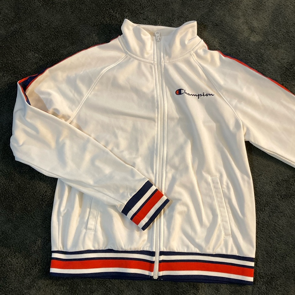 Champion White Track Jacket with Red and Blue Stripes - Mens Small